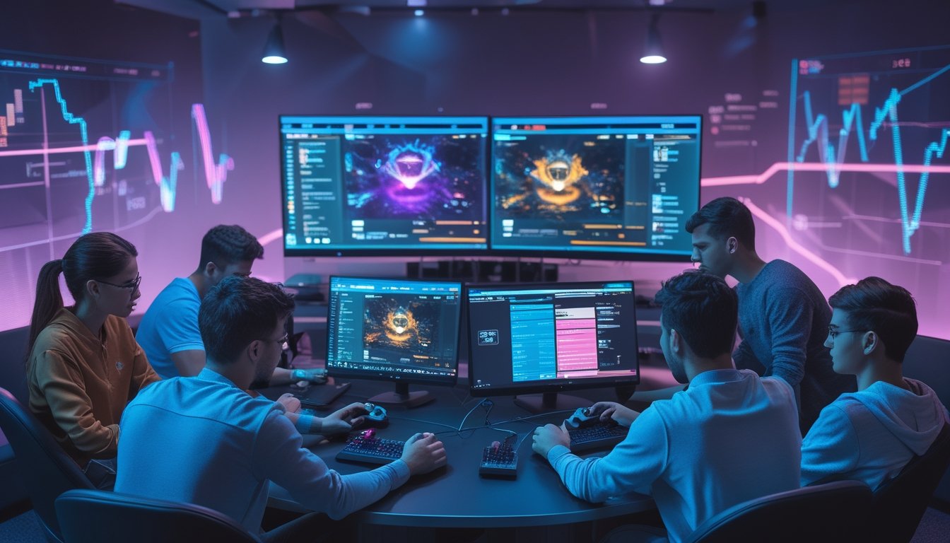Beberapa orang muda sedang bermain game esports dengan layar komputer yang menampilkan permainan dan data taruhan digital di sebuah ruang gaming modern.