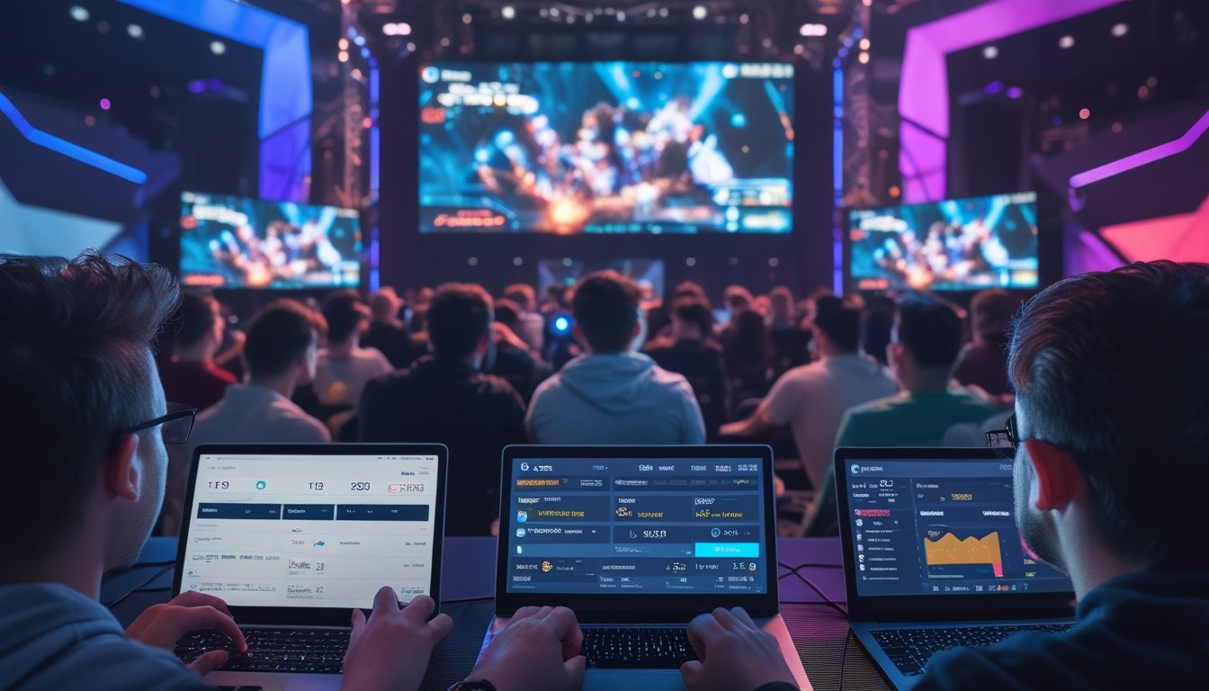 Sejumlah orang muda di arena esports yang modern, menonton pertandingan video game dan menggunakan perangkat digital untuk taruhan online.