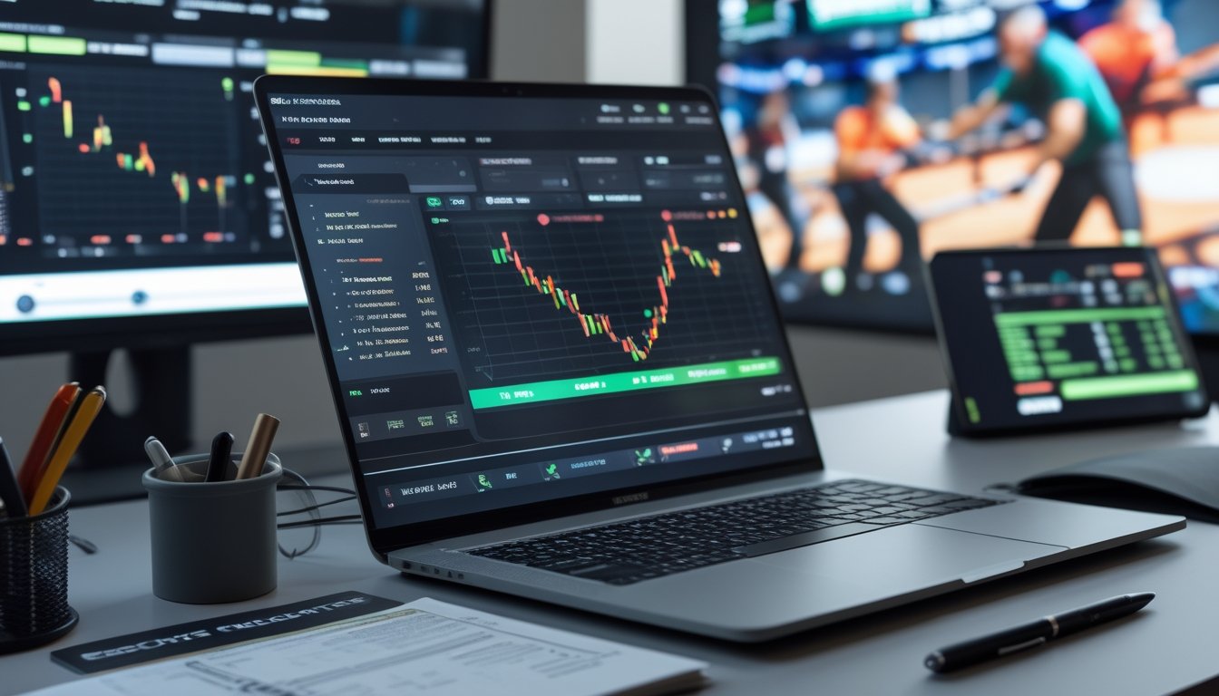 Meja kerja modern dengan laptop yang menampilkan statistik pertandingan esports dan peluang taruhan, dikelilingi catatan dan ponsel dengan skor langsung, latar belakang menampilkan monitor besar dengan permainan esports yang sedang berlangsung.