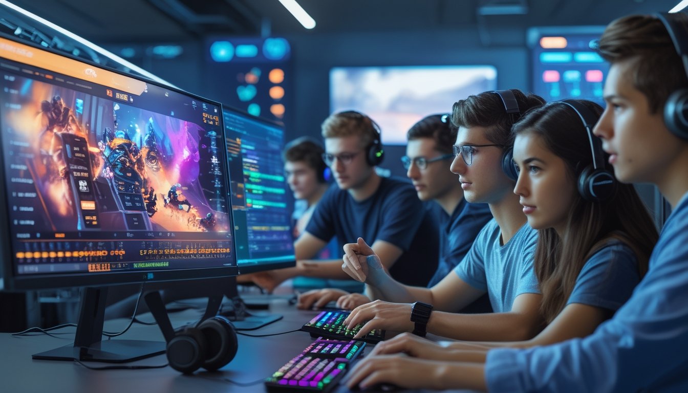 Beberapa orang muda sedang menganalisis data taruhan esports di depan komputer dengan grafik dan angka odds.