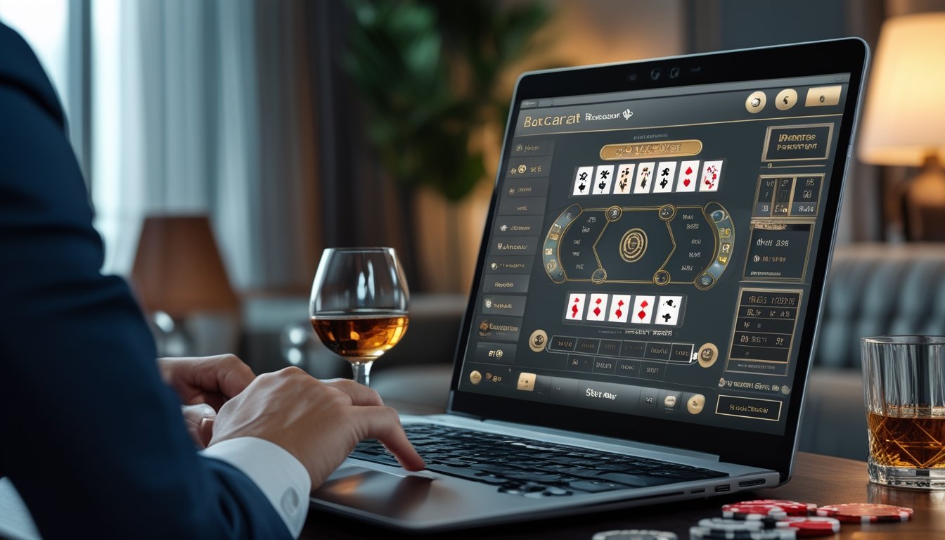 Seorang pria berpakaian rapi sedang menggunakan komputer dengan tampilan permainan baccarat online dan chip kasino di meja.