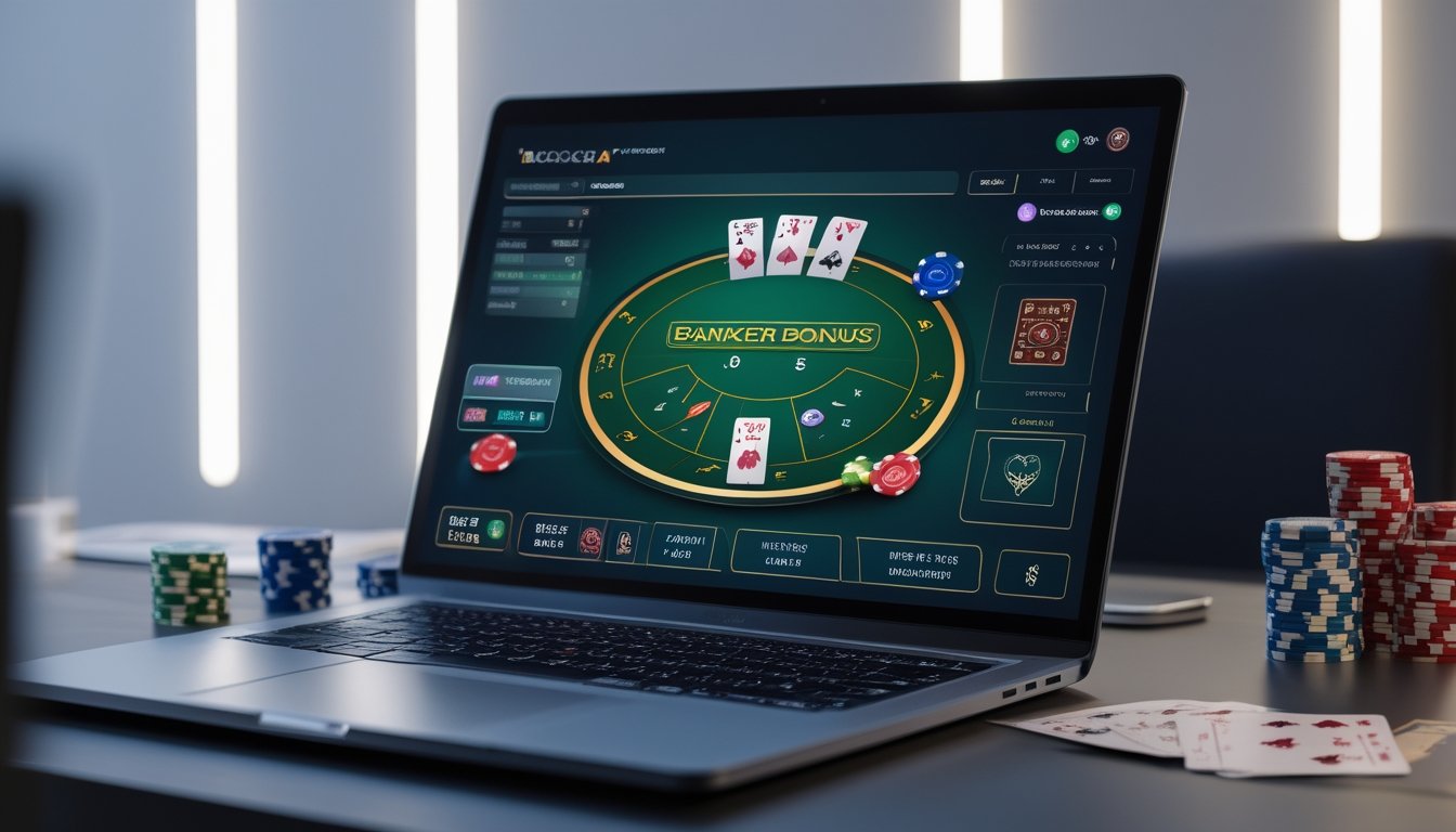 Seorang pemain sedang menggunakan komputer dengan tampilan permainan baccarat online dan chip poker di meja.