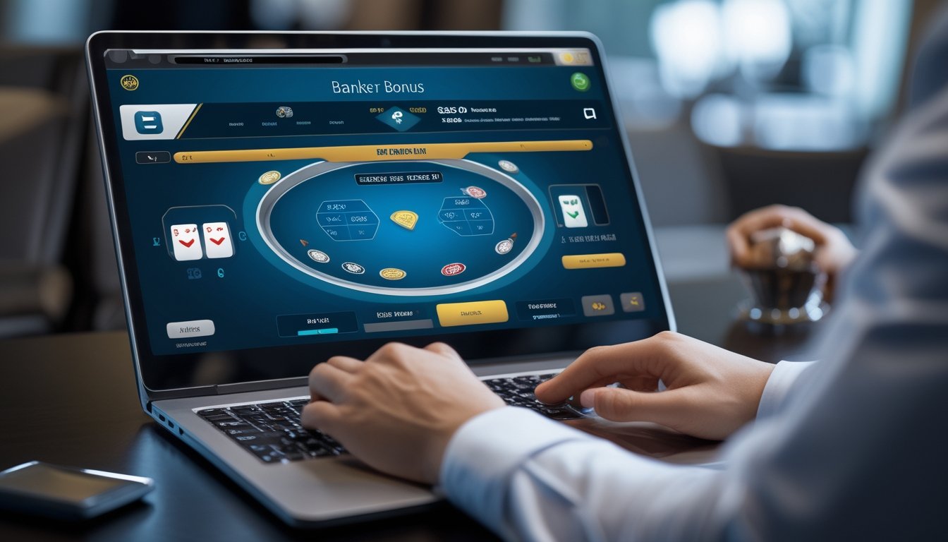 Seseorang bermain permainan baccarat online di komputer dengan tampilan kartu dan chip di layar.