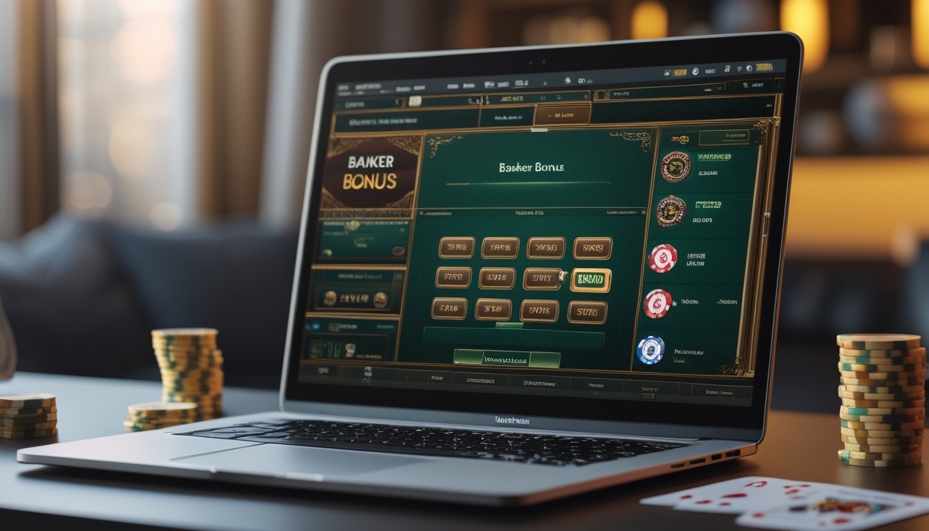 Seorang pengguna sedang melihat layar laptop yang menampilkan permainan baccarat online dengan opsi Banker Bonus yang disorot, dikelilingi oleh chip poker dan kartu remi di atas meja.