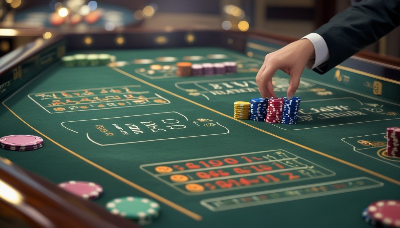 Meja baccarat dengan tumpukan chip di area taruhan Banker, Player, dan Banker Bonus, dengan tangan dealer yang sedang meletakkan chip.