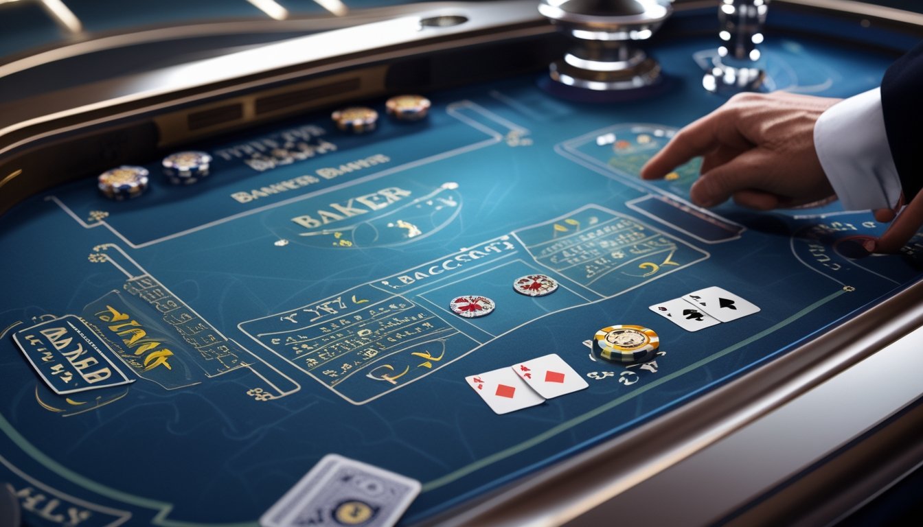 Tampilan meja baccarat online dengan area taruhan Banker, Player, dan Banker Bonus yang berbeda warna.