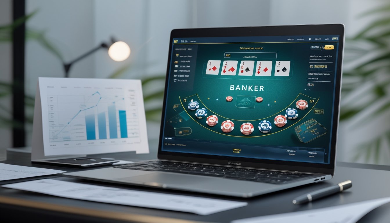 Seorang profesional sedang bekerja dengan komputer yang menampilkan permainan baccarat online dan dokumen strategi manajemen modal di meja kerja.