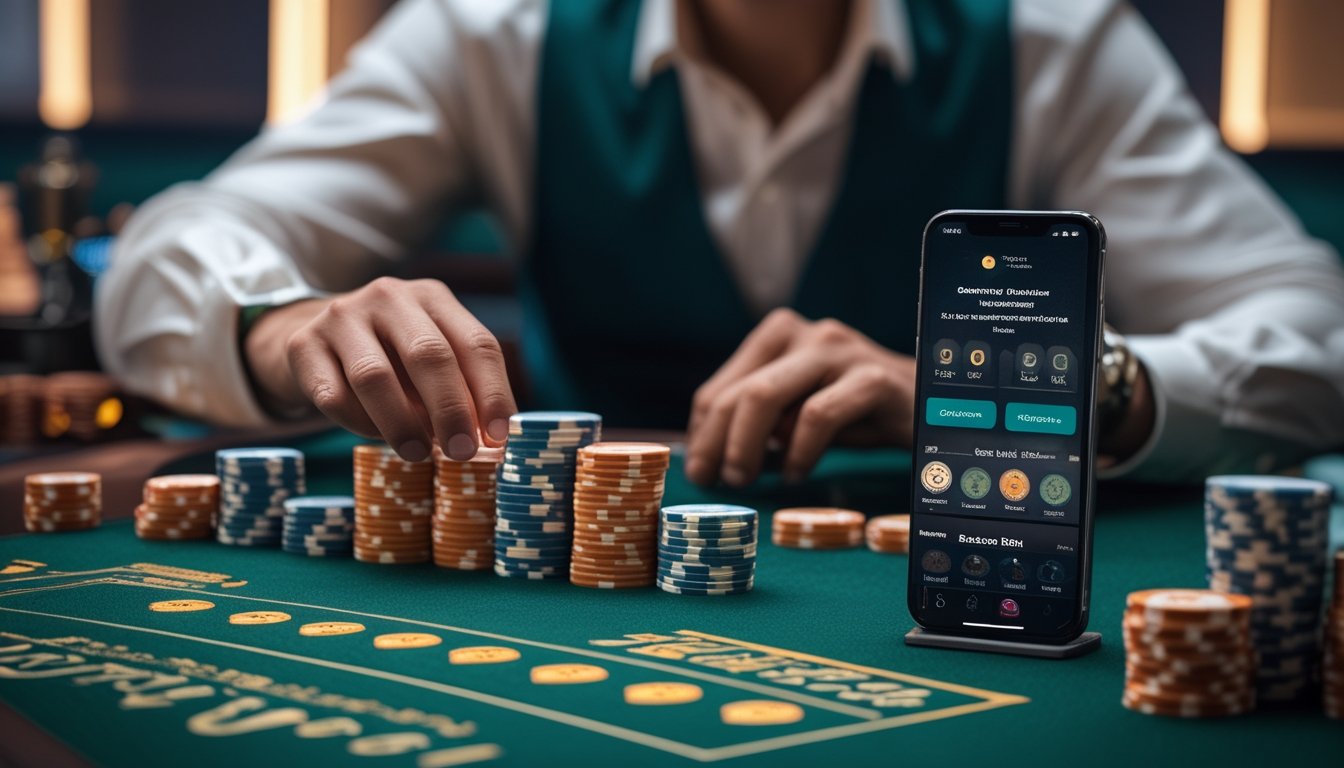 Seorang pemain sedang mengatur chip taruhan di meja baccarat dengan tampilan permainan baccarat online di ponsel di sampingnya.