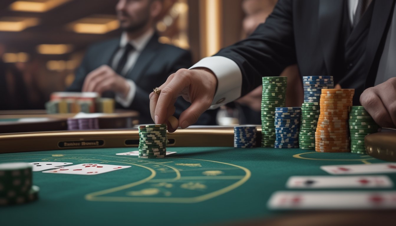 Meja baccarat di kasino dengan dealer memasang taruhan di area Banker dan pemain memegang kartu serta chip taruhan.
