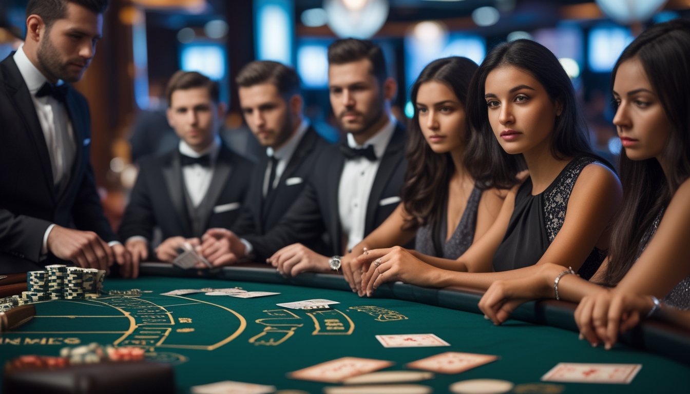 Seorang dealer dan beberapa pemain sedang bermain baccarat di meja kasino dengan kartu dan chip taruhan.