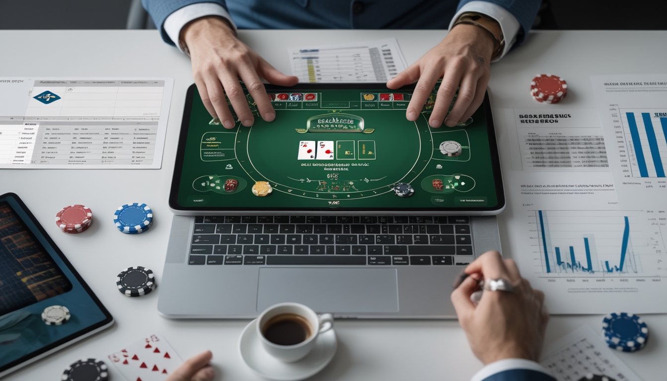 Seseorang duduk di depan komputer dengan tampilan permainan baccarat online, menganalisis data dan strategi taruhan di meja kerja yang rapi.