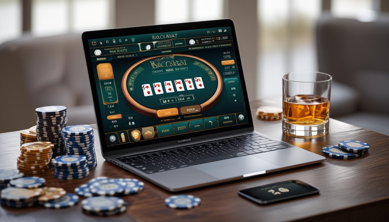 Meja dengan laptop menampilkan permainan Baccarat online, chip kasino, ponsel dengan statistik taruhan, dan gelas minuman di atas meja kayu.