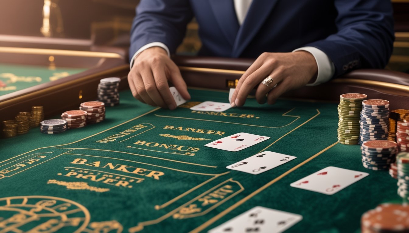 Meja baccarat di kasino dengan dealer dan tumpukan chip, menampilkan suasana permainan yang mewah dan fokus pada taruhan Banker Bonus.