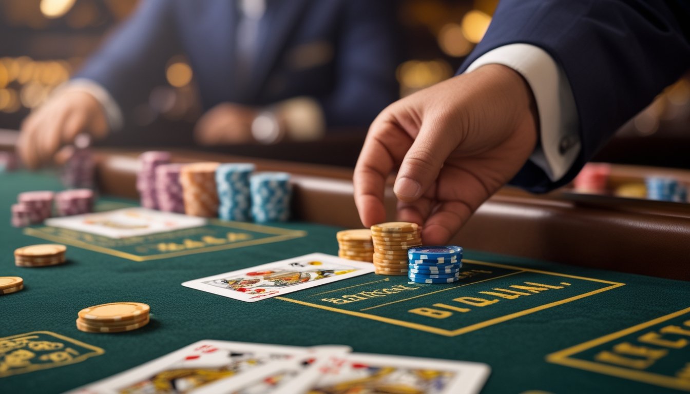 Meja permainan baccarat dengan chip dan kartu yang sedang dimainkan, fokus pada area taruhan Banker Bonus.