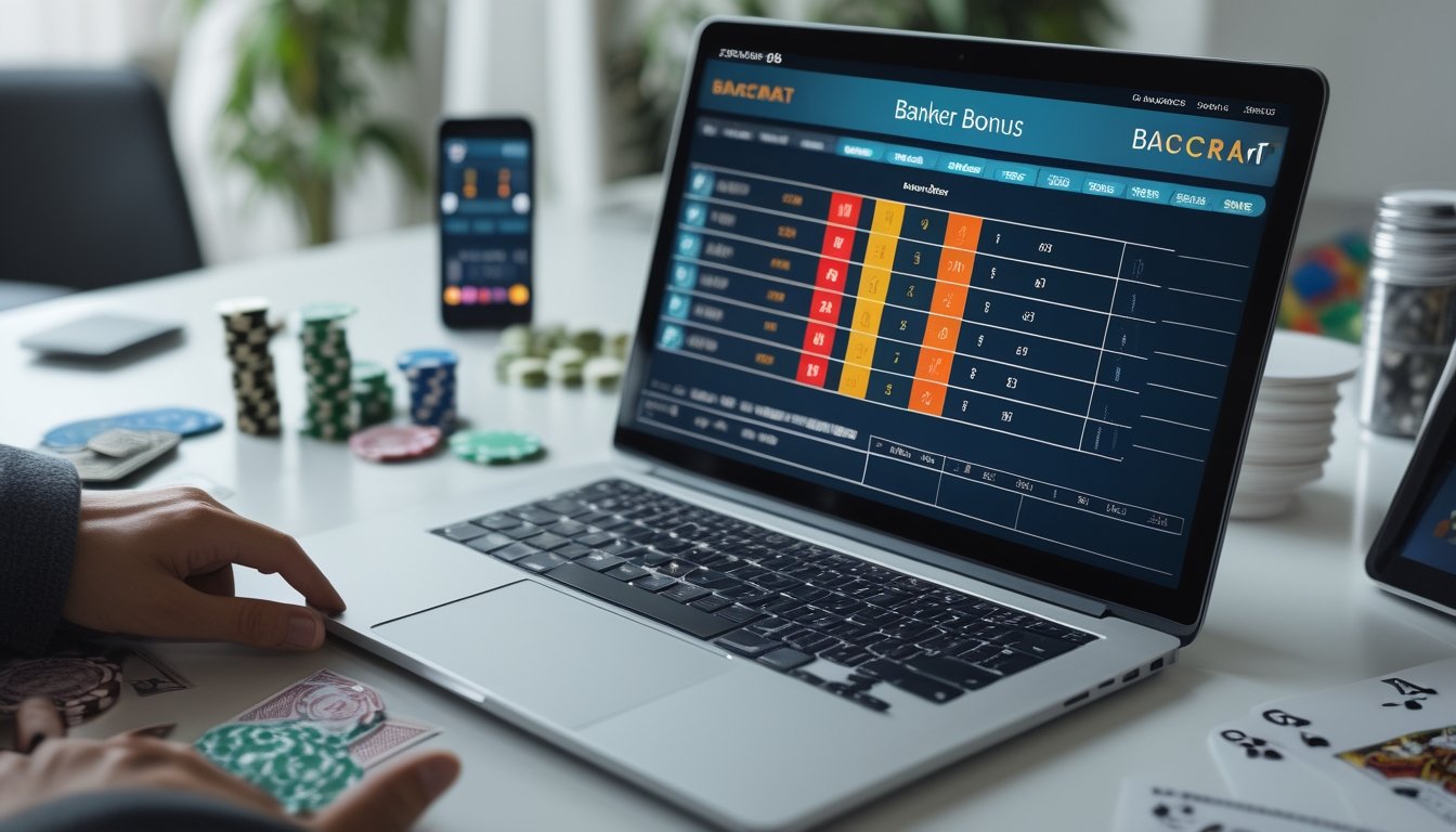 Sebuah laptop menampilkan tabel pembayaran Banker bonus dalam permainan Baccarat online di atas meja kerja dengan chip poker dan kartu remi di sekitarnya.