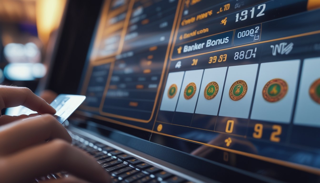 Tampilan dekat antarmuka permainan baccarat online dengan tabel pembayaran Banker Bonus dan tangan memegang kartu kredit di dekat keyboard.