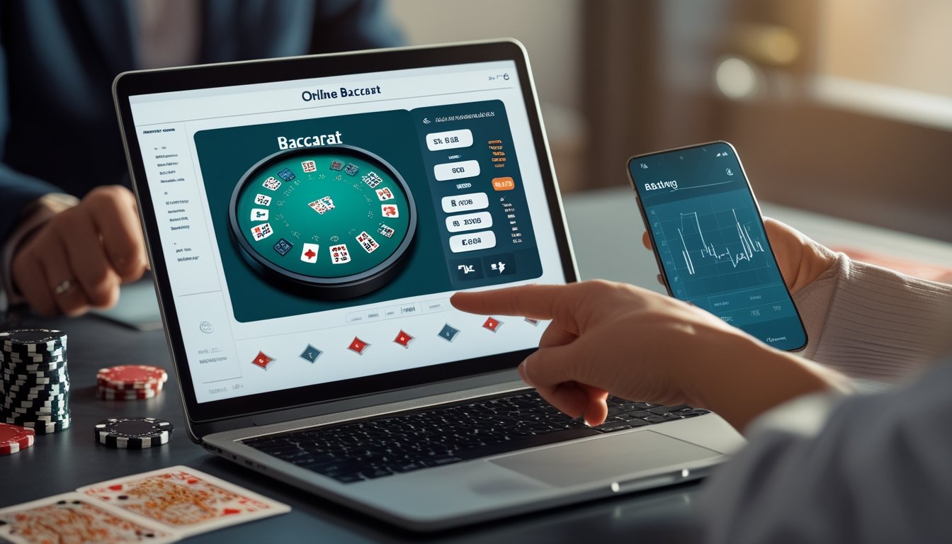 Seseorang sedang menganalisis taruhan baccarat online di depan laptop dengan grafik dan kartu bermain di meja.