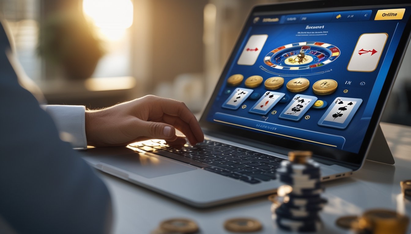 Seorang individu sedang menggunakan komputer yang menampilkan permainan baccarat online dengan kartu dan chip di layar.
