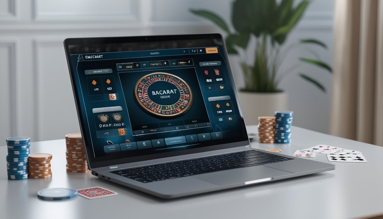 Sebuah laptop menampilkan permainan baccarat online dengan kartu dan chip taruhan di meja yang rapi dan terang.