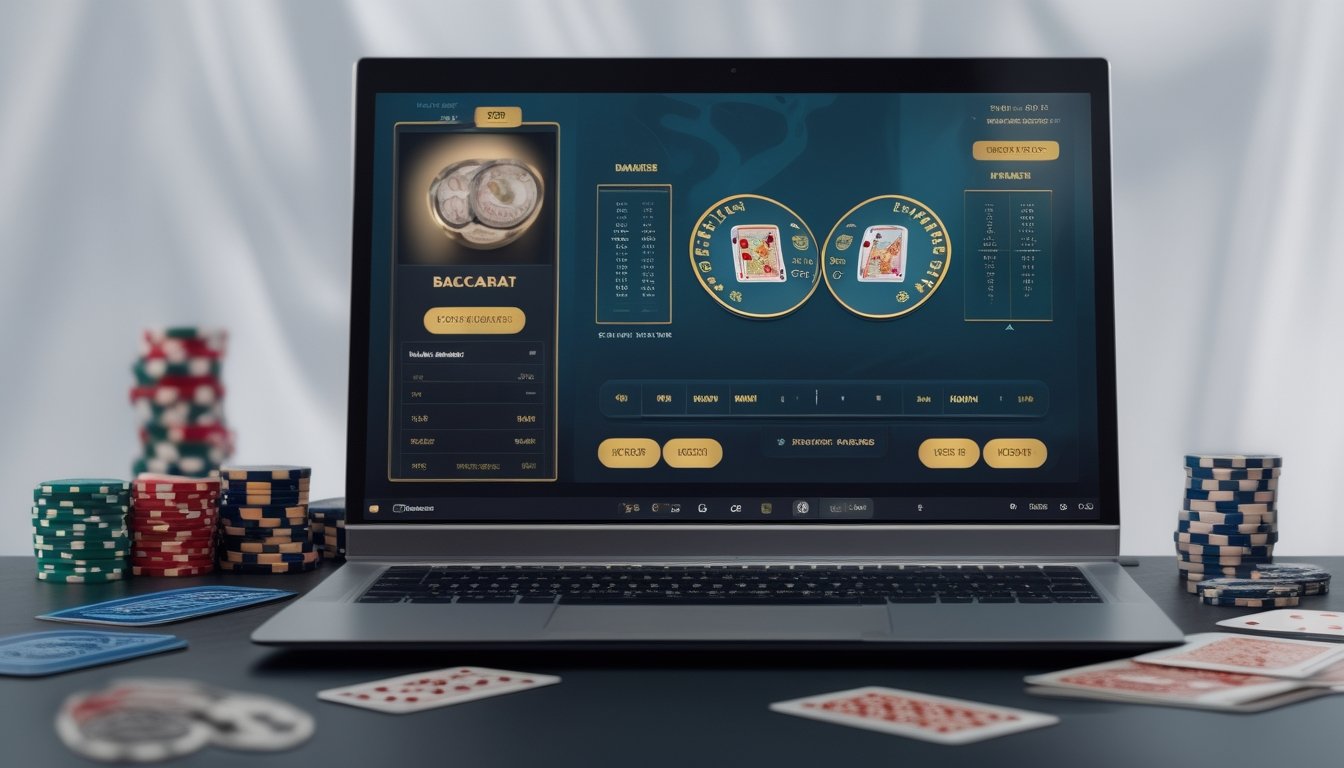 Seseorang sedang bermain permainan baccarat online di laptop dengan kartu, chip poker, dan ponsel di sekitarnya.