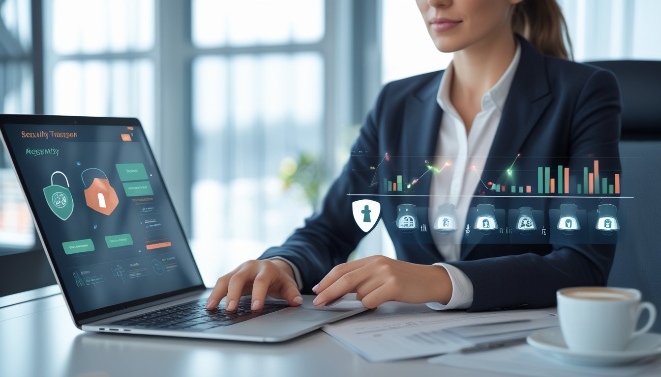 Seorang wanita sedang duduk di meja kantor modern dengan laptop dan tablet, menilai keamanan dan transparansi situs judi online.