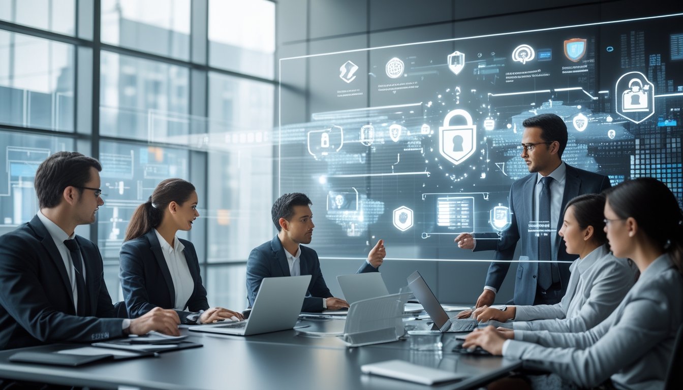 Sekelompok profesional bisnis sedang berdiskusi di ruang rapat dengan layar besar yang menampilkan ikon perlindungan data seperti gembok dan perisai.