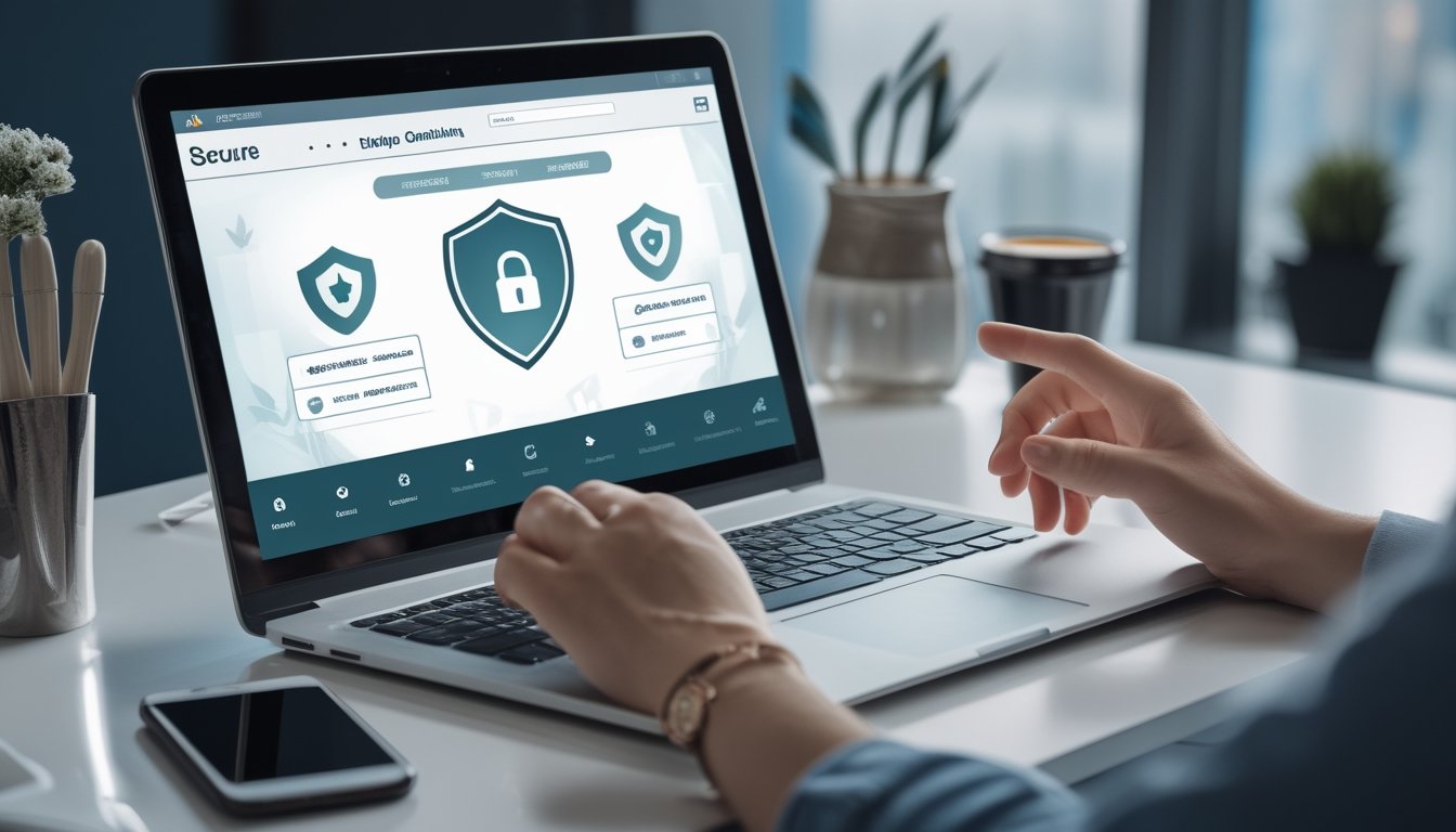 Seseorang menggunakan laptop di meja kerja dengan ikon keamanan di layar, menunjukkan perlindungan data dalam situs agen judi online.
