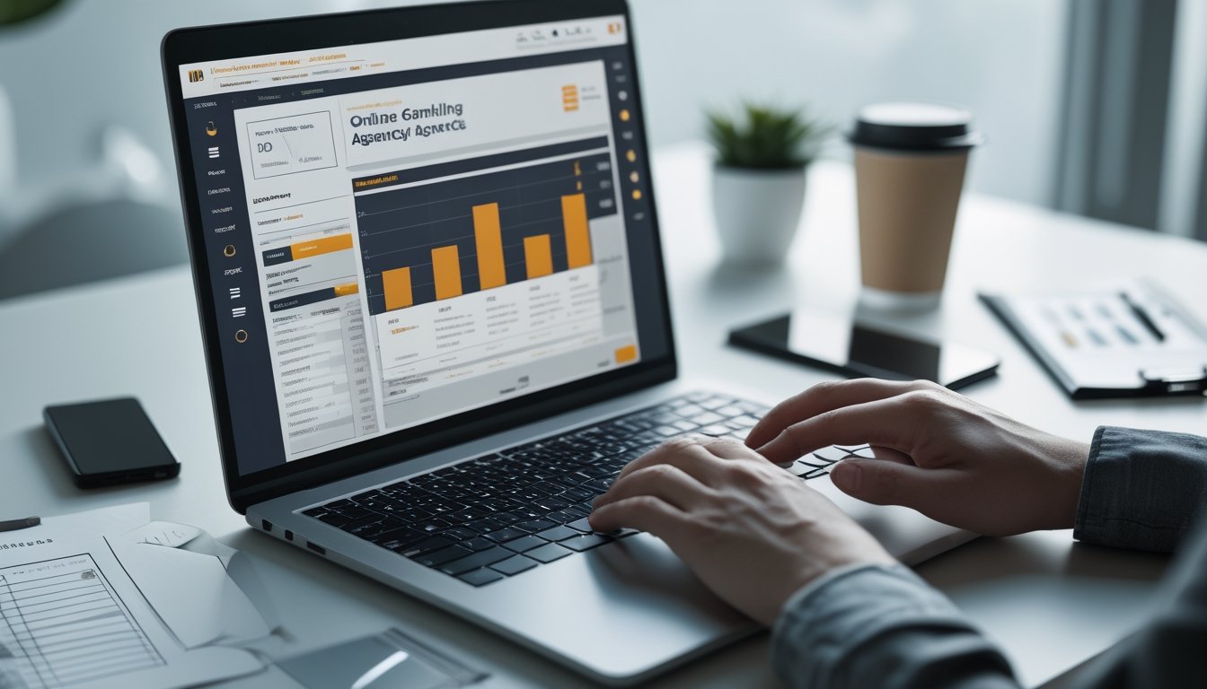 Seseorang sedang mengetik di laptop dengan tampilan dashboard dan daftar periksa di meja kerja.