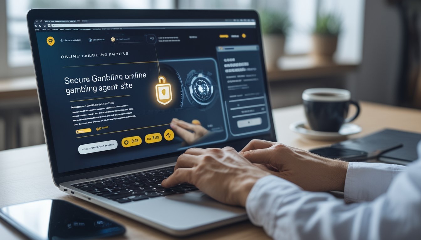 Seseorang menggunakan laptop di ruang kerja dengan situs judi online yang aman terlihat di layar.