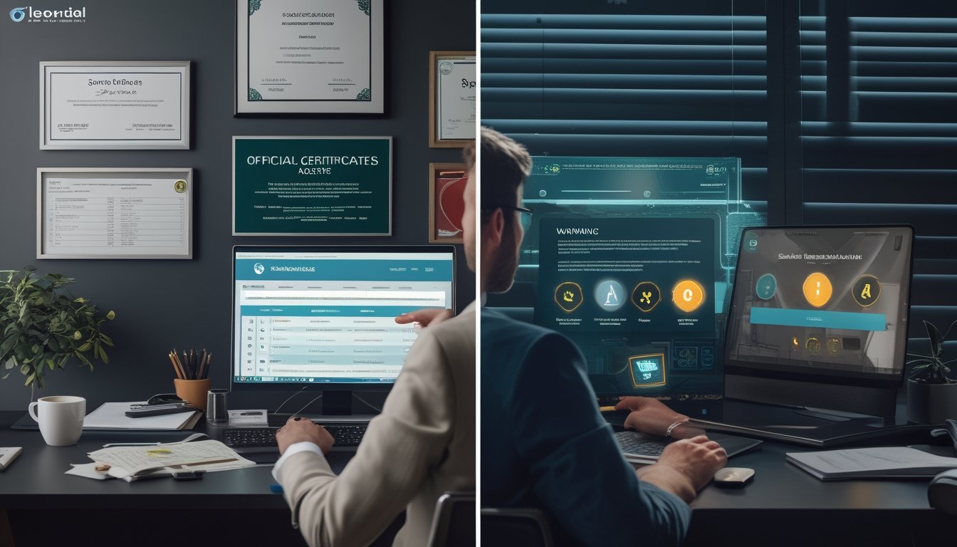 Dua orang di meja kerja berdampingan, satu menunjukkan situs judi resmi dengan ekspresi percaya diri, yang lain melihat situs tidak terverifikasi dengan ekspresi khawatir.