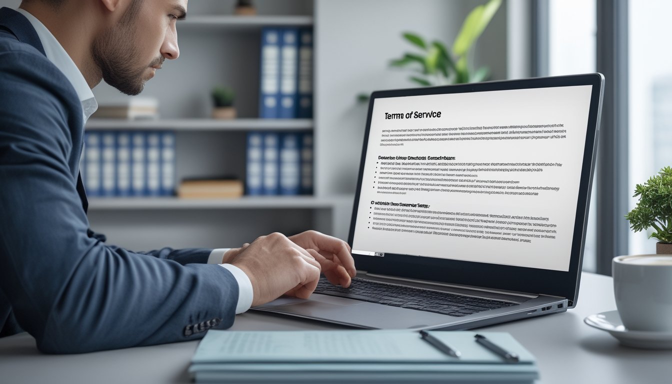 Seseorang sedang memeriksa dokumen legal dan ketentuan layanan di laptop di sebuah kantor modern.