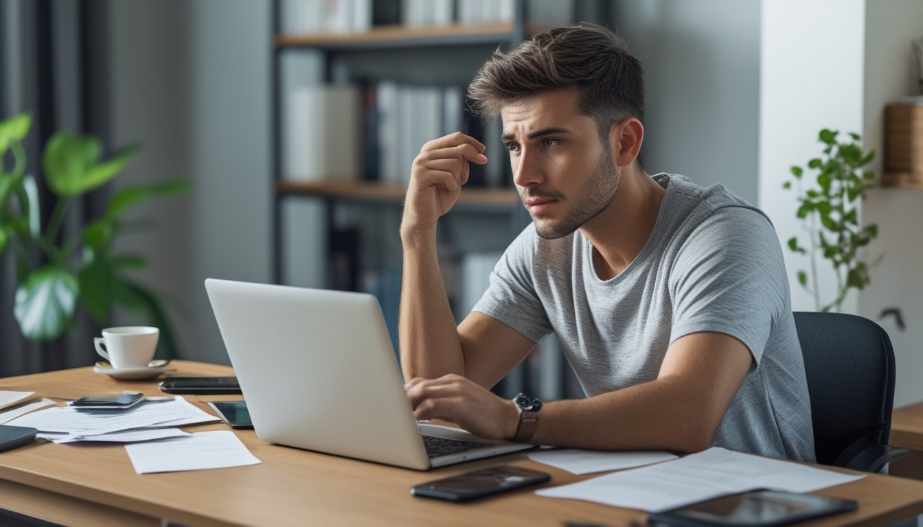 Seorang pria muda duduk di meja kerja di rumah, melihat layar laptop dengan ekspresi serius dan penuh pertimbangan.