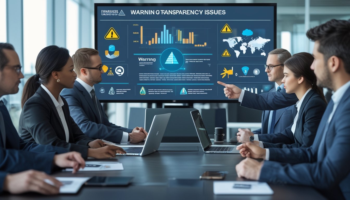 Sekelompok profesional sedang berdiskusi serius di ruang kantor modern dengan layar digital yang menampilkan grafik dan ikon peringatan.