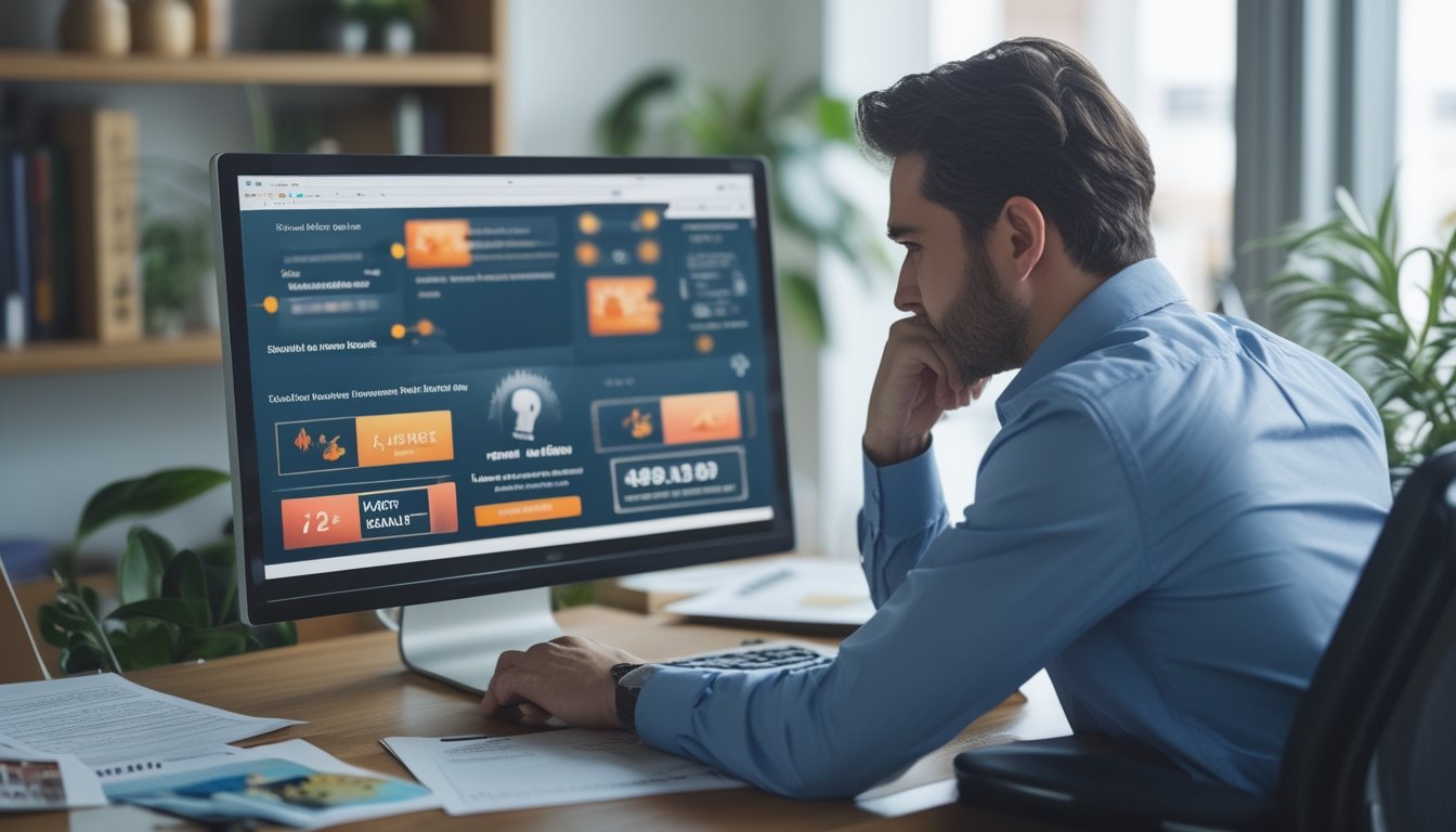 Seseorang yang terlihat khawatir sedang melihat layar komputer dengan situs judi online yang mencurigakan di sebuah kantor modern.