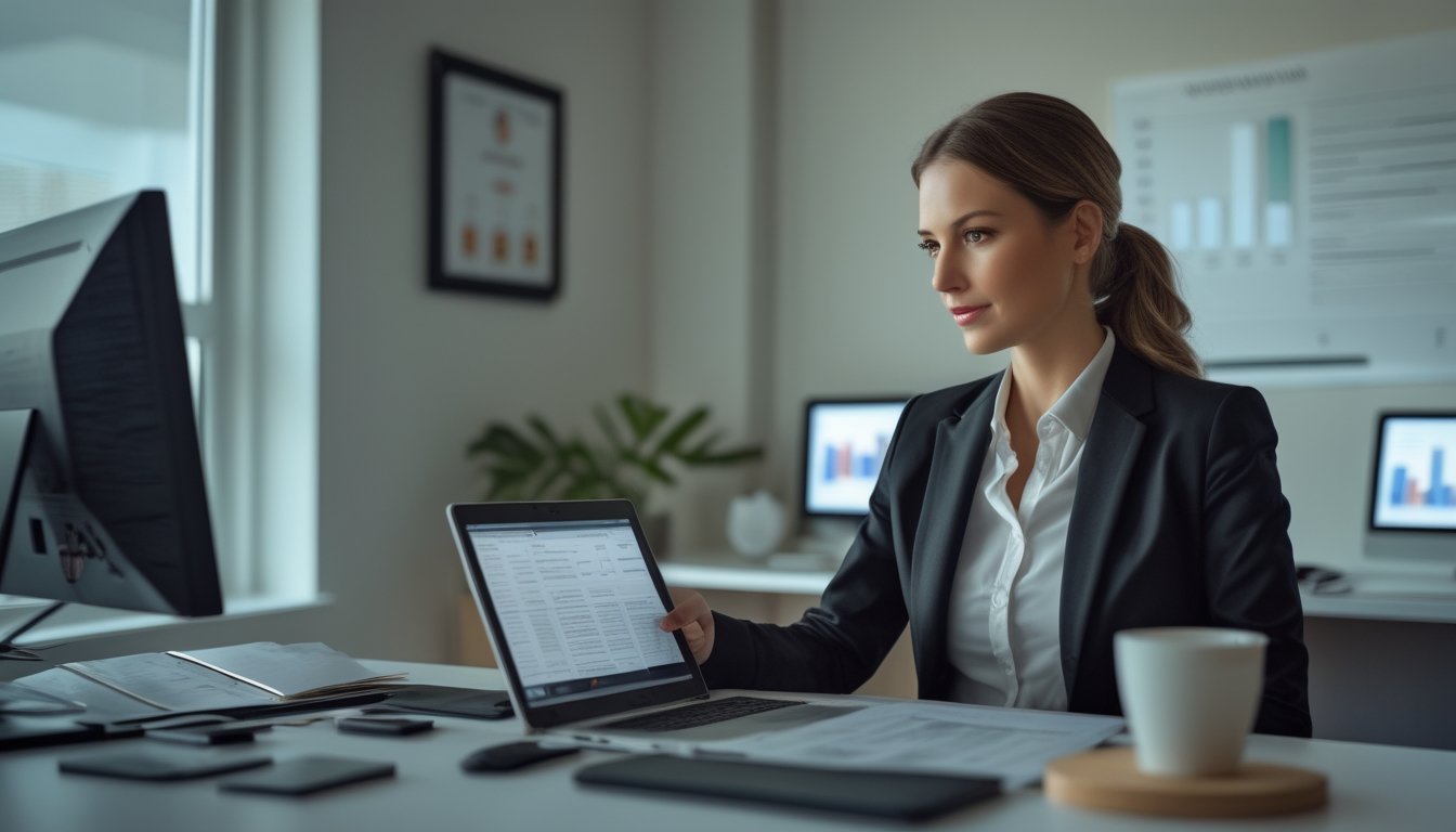 Seorang wanita profesional sedang duduk di meja kantor modern sambil meninjau dokumen dan data di layar laptop dengan ekspresi fokus.