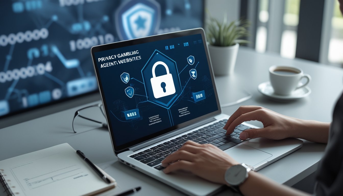 Seseorang menggunakan laptop di meja kerja yang rapi dengan ikon keamanan di layar, menunjukkan pemahaman tentang kebijakan privasi dan keamanan situs agen judi digital.