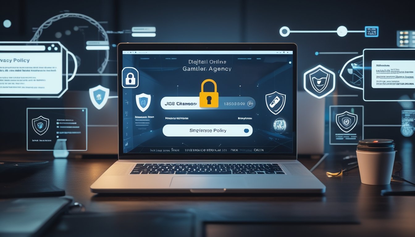 Seorang profesional menggunakan laptop dengan layar login aman dan ikon keamanan di meja kerja modern.