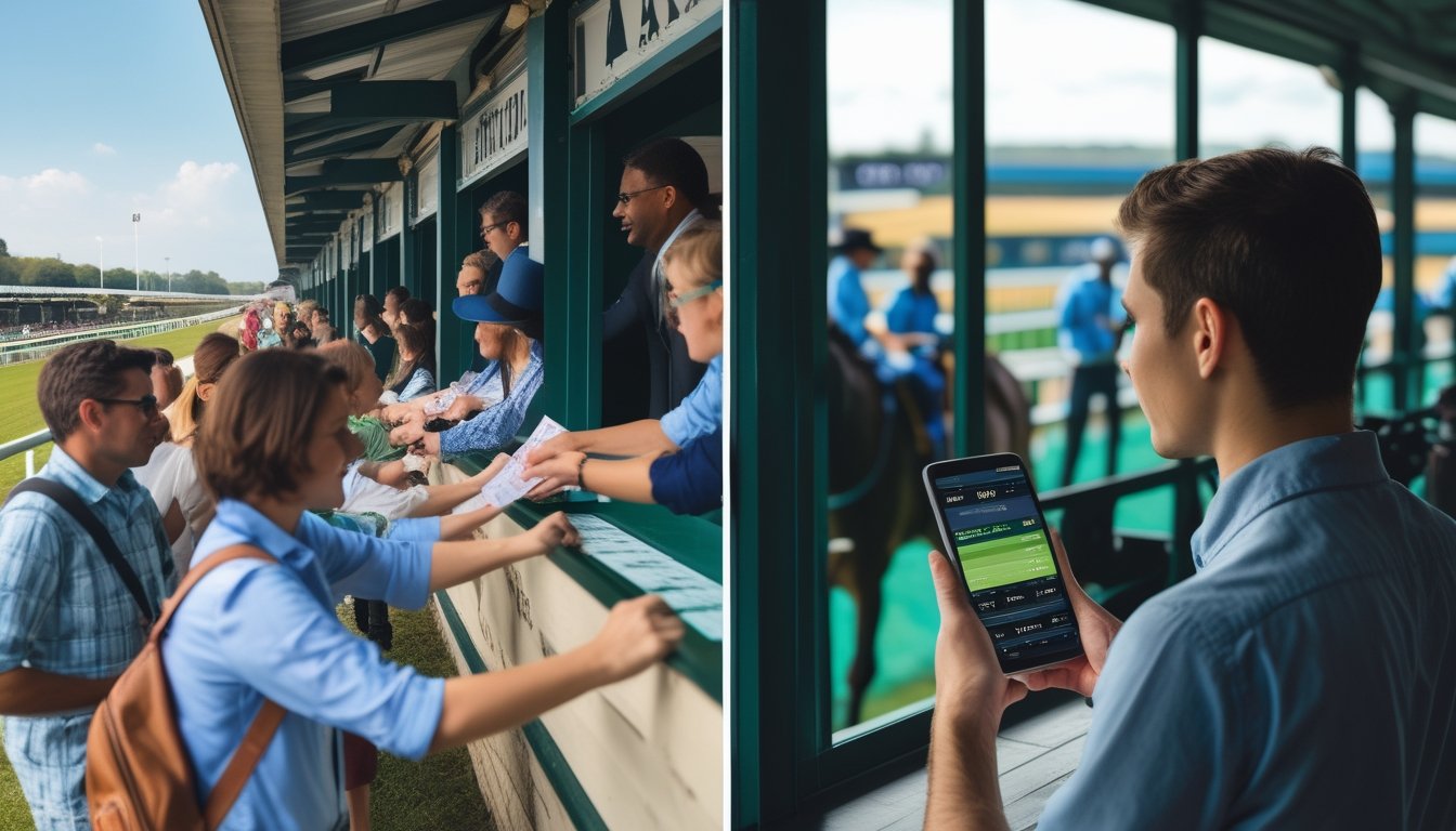Orang-orang bertaruh pada balap kuda secara tradisional di arena dan seseorang menggunakan aplikasi taruhan balap kuda modern di ponsel.