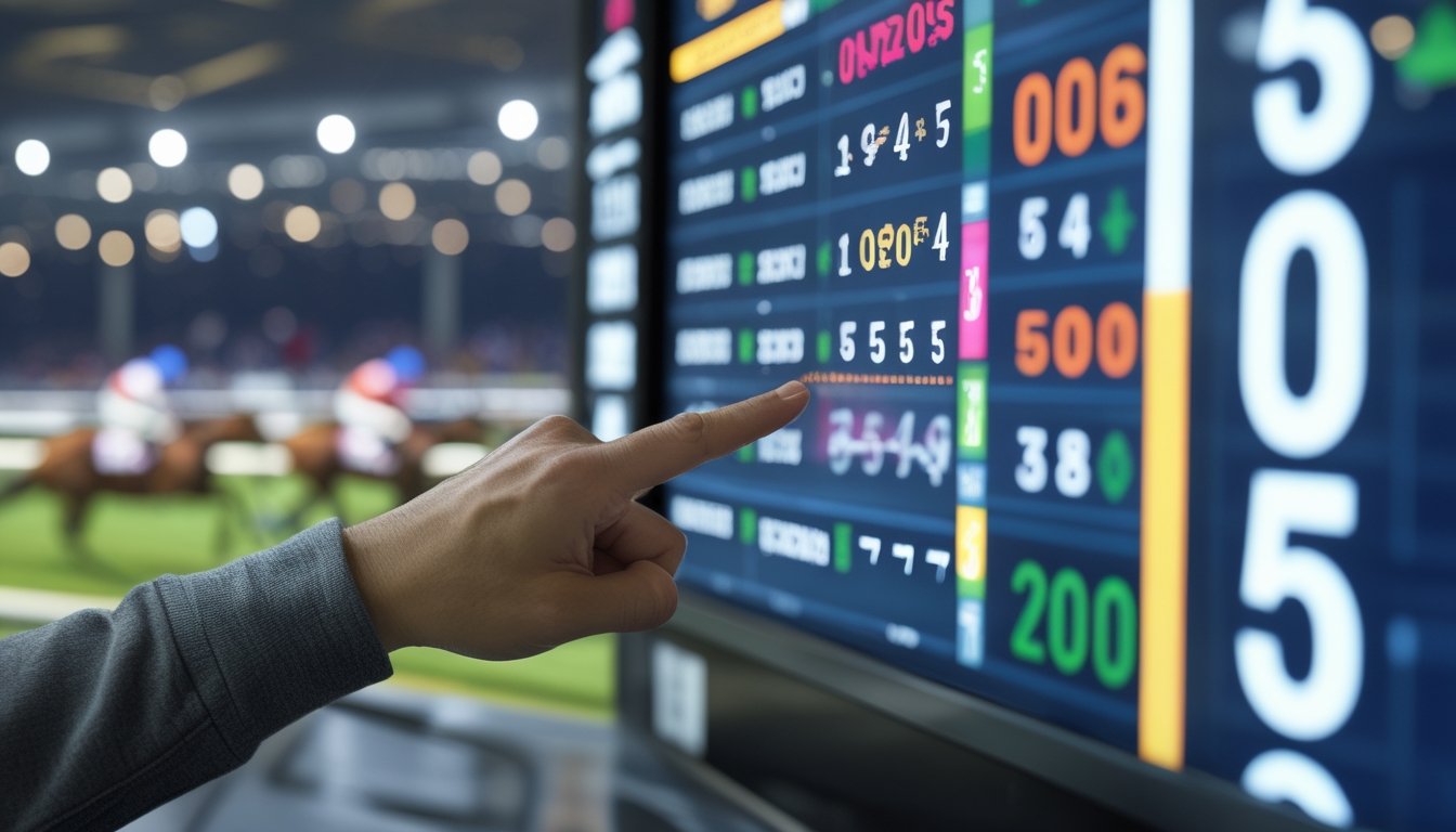 Tangan menunjuk papan taruhan balap kuda dengan angka odds, latar belakang lintasan balap dan kuda-kuda berlari.