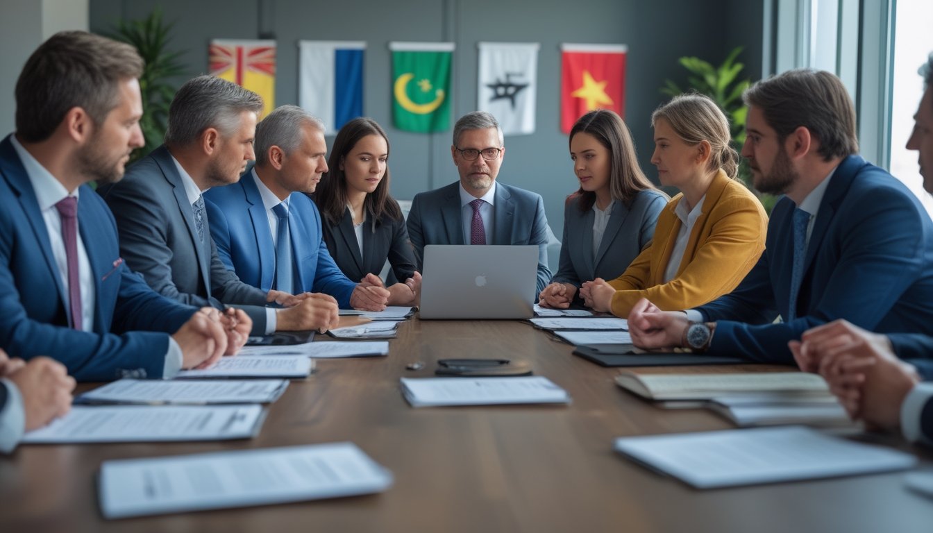 Sekelompok orang sedang berdiskusi serius di meja konferensi dengan dokumen dan laptop, di ruang kantor modern dengan bendera internasional di latar belakang.