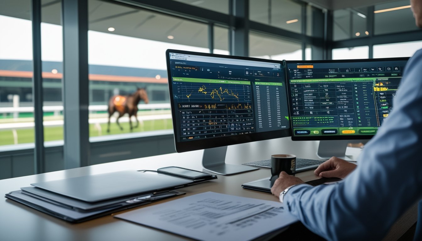 Seorang profesional sedang menganalisis data taruhan balap kuda di kantor modern dengan latar belakang arena balap kuda.