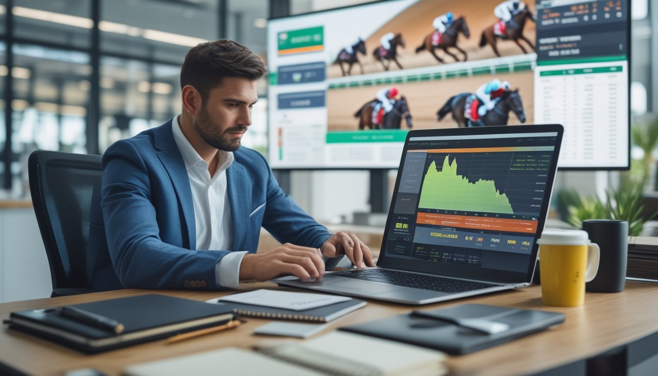 Seorang pria fokus bekerja di depan laptop dengan grafik dan layar menampilkan balap kuda di latar belakang.