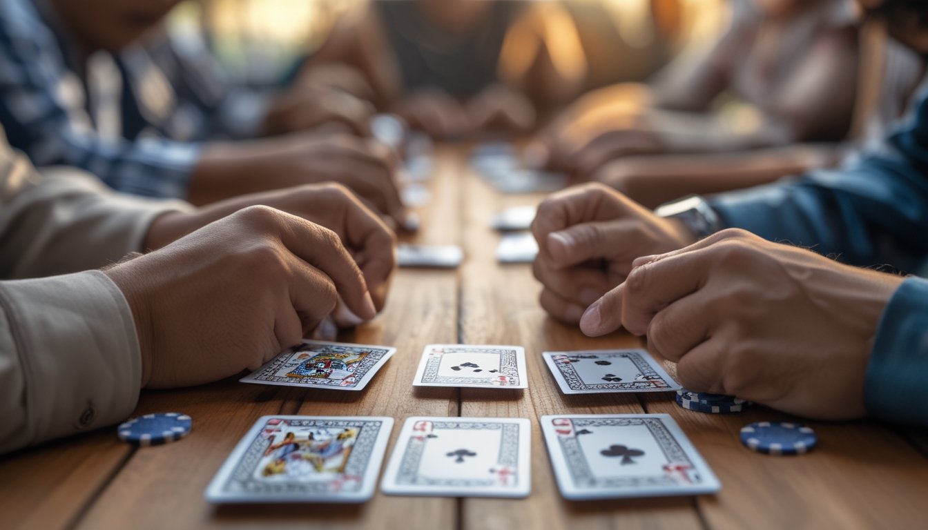 Tangan orang-orang sedang bermain kartu Ceme di atas meja kayu dengan chip poker di sekitarnya.