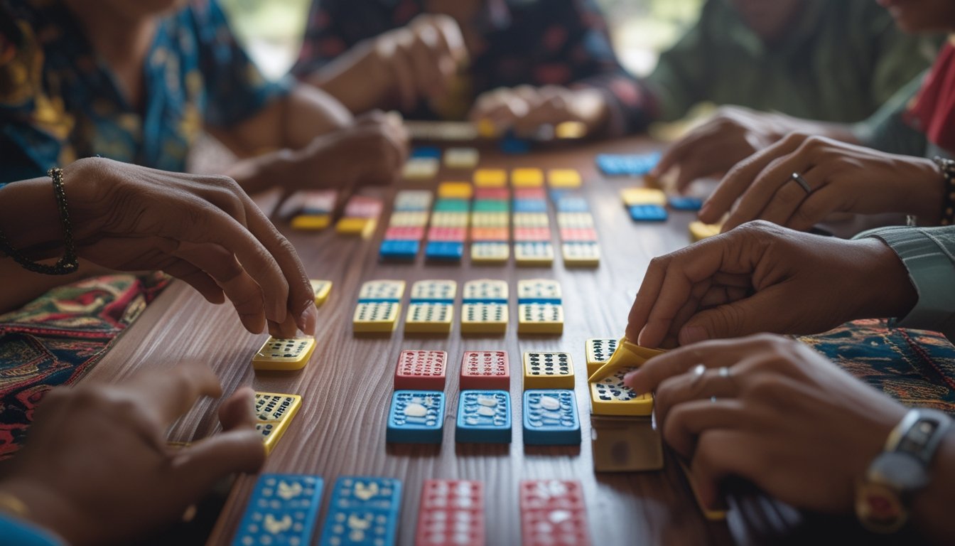 Beberapa orang sedang bermain permainan domino Ceme di atas meja kayu dengan domino dan chip taruhan.