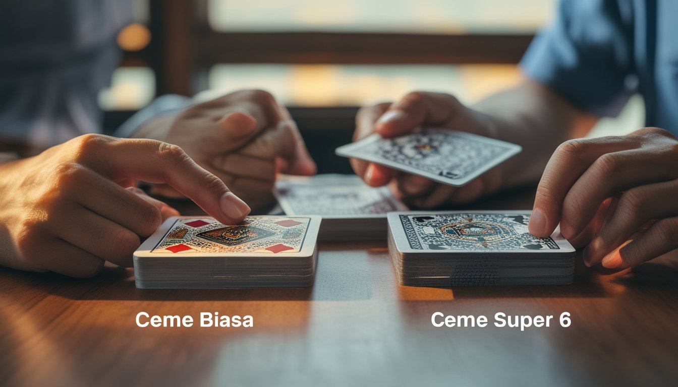 Dua tangan memegang kartu Ceme yang berbeda di atas meja kayu, menunjukkan perbedaan antara Ceme Biasa dan Ceme Super 6.
