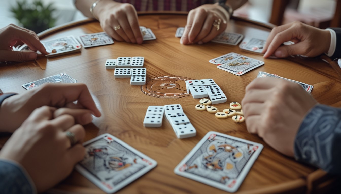 Tangan pemain sedang bermain permainan kartu dan domino Ceme di atas meja kayu.