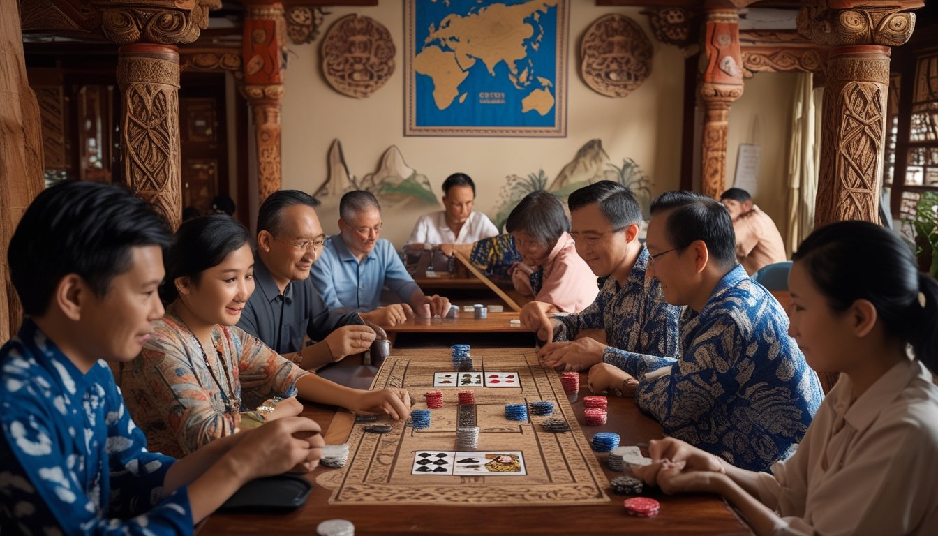 Sekelompok orang dari Asia Tenggara sedang bermain permainan kartu Ceme di atas meja kayu dengan latar belakang dekorasi tradisional.