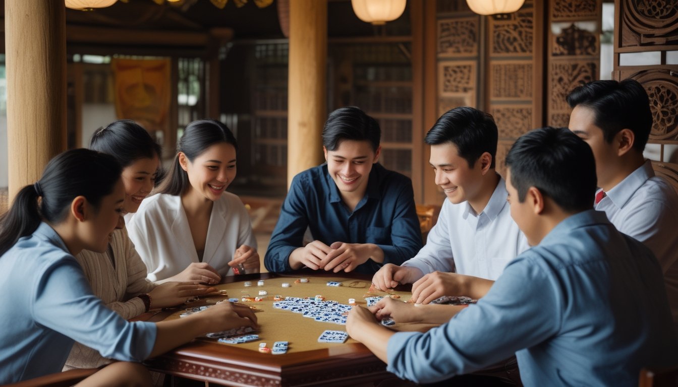 Sekelompok orang sedang bermain permainan Ceme di meja kayu dalam suasana tradisional Asia Tenggara.