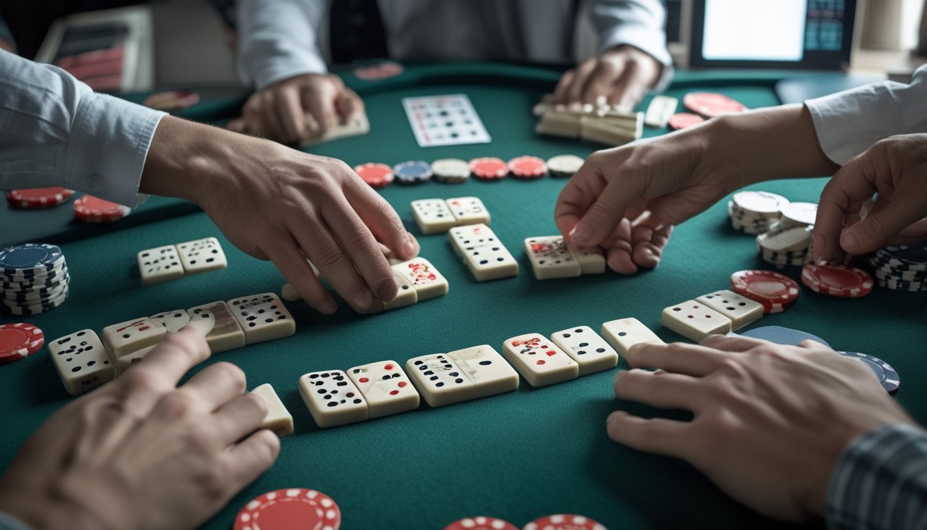Tangan pemain sedang meletakkan ubin domino di meja permainan Ceme dengan chip dan papan skor di latar belakang.