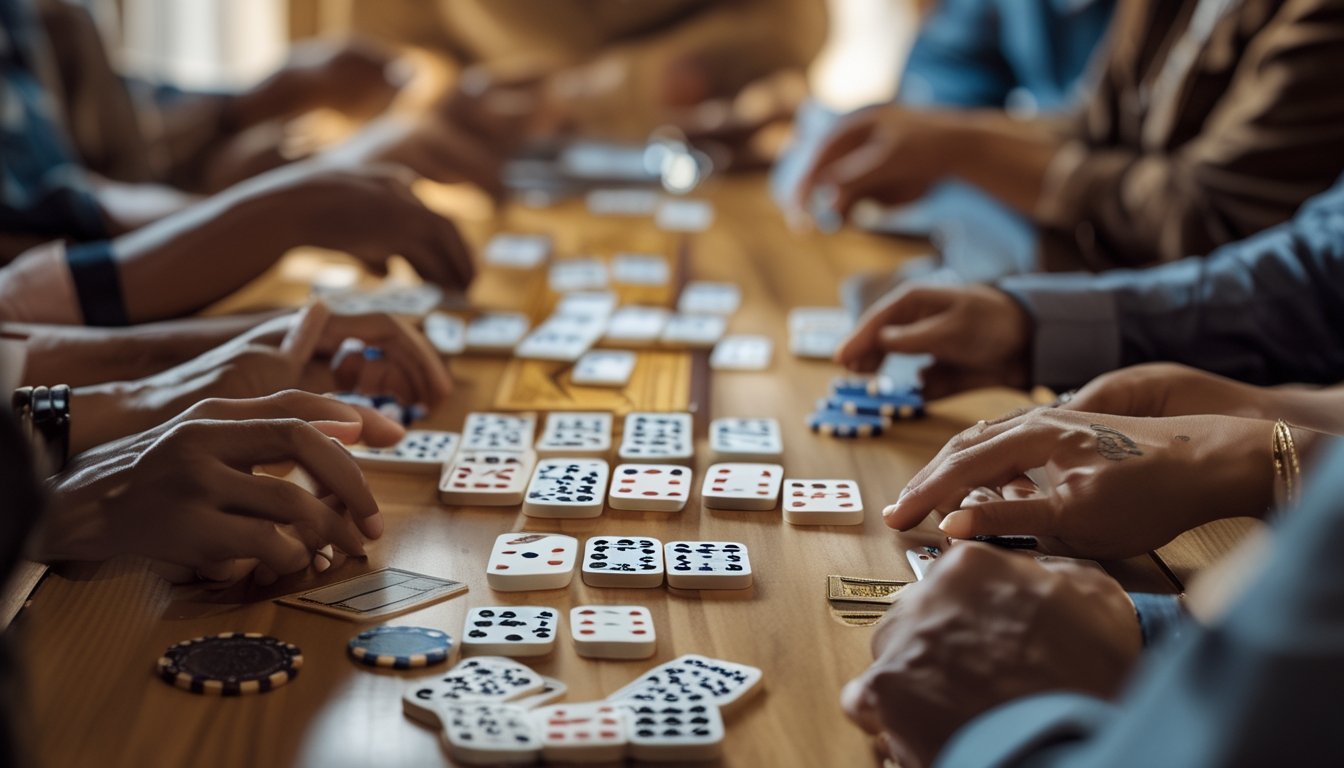 Orang-orang sedang bermain kartu domino Ceme di atas meja kayu dengan tumpukan chip dan kartu yang tersusun rapi.
